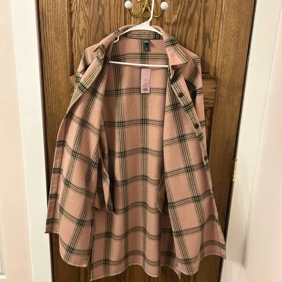 Wild Fable Pink Plaid Long Button-Up Jacket Shacket Size Medium NWT - Picture 3 of 9